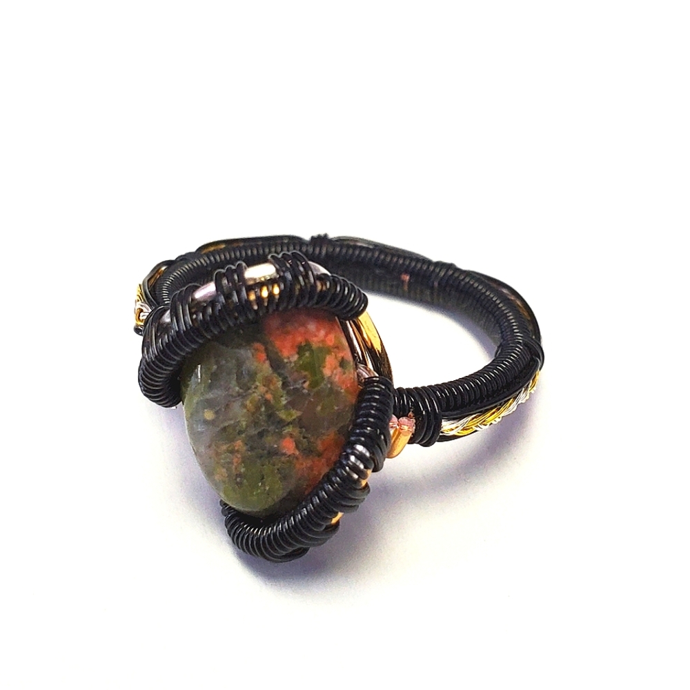 "Dragons Egg" Unakite Handmade Wire Wrap Ring